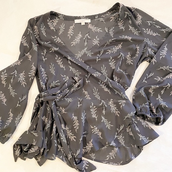 Tops - Like new! LOFT gray floral wrap blouse | Medium
